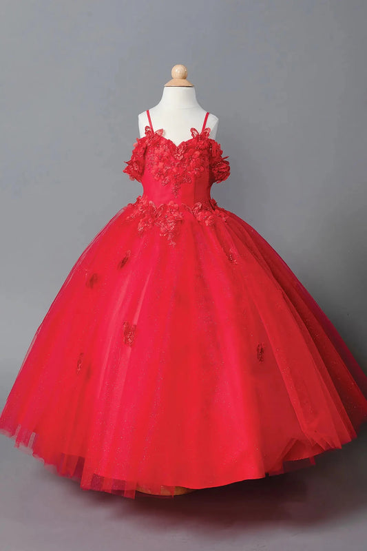 Red kids mini quinceañera mini quince dress with lace-up bodice, floral appliqué detailing, and glitter tulle skirt.
