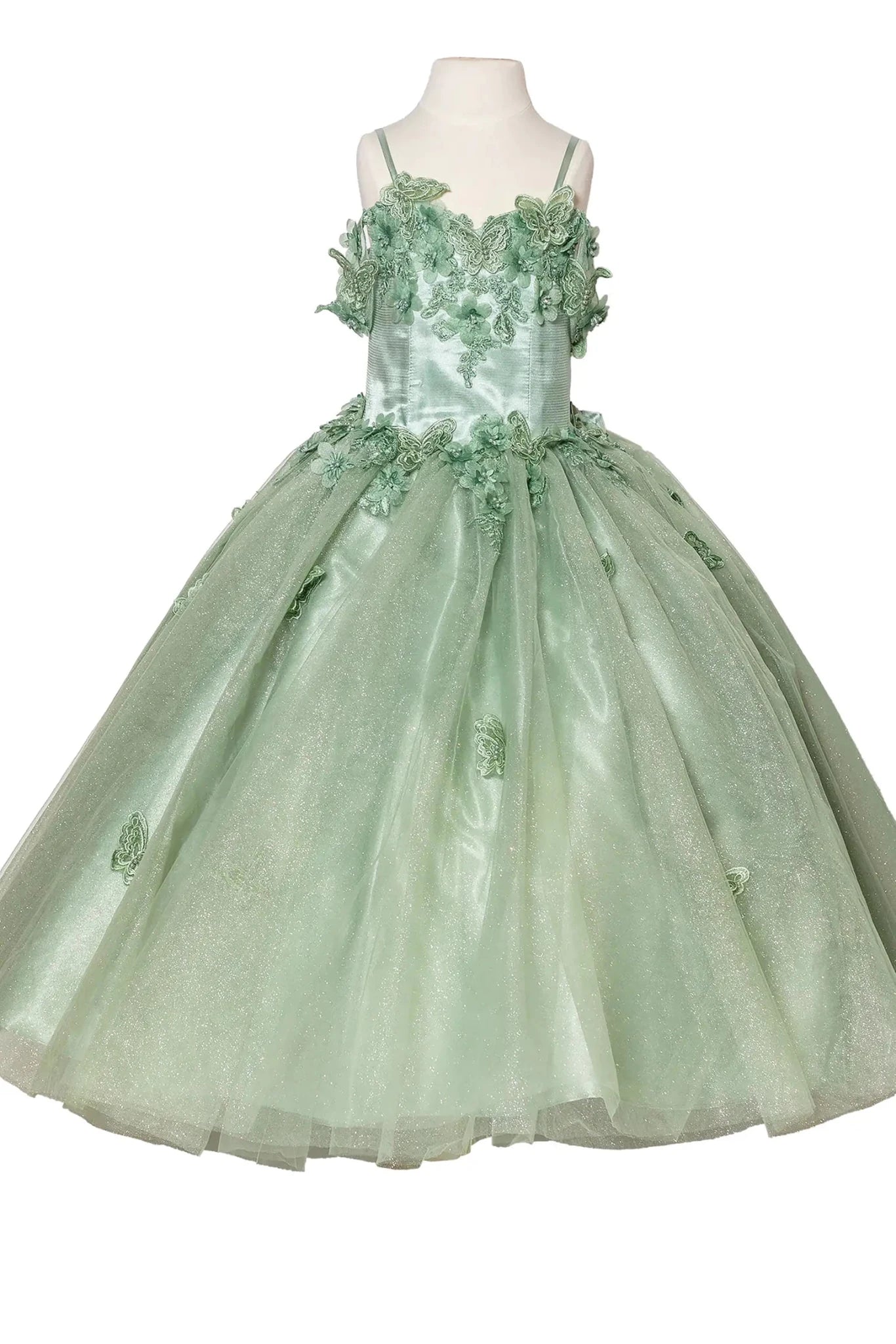 Sage kids mini quinceañera dress with lace-up bodice, floral appliqué detailing, and glitter tulle skirt