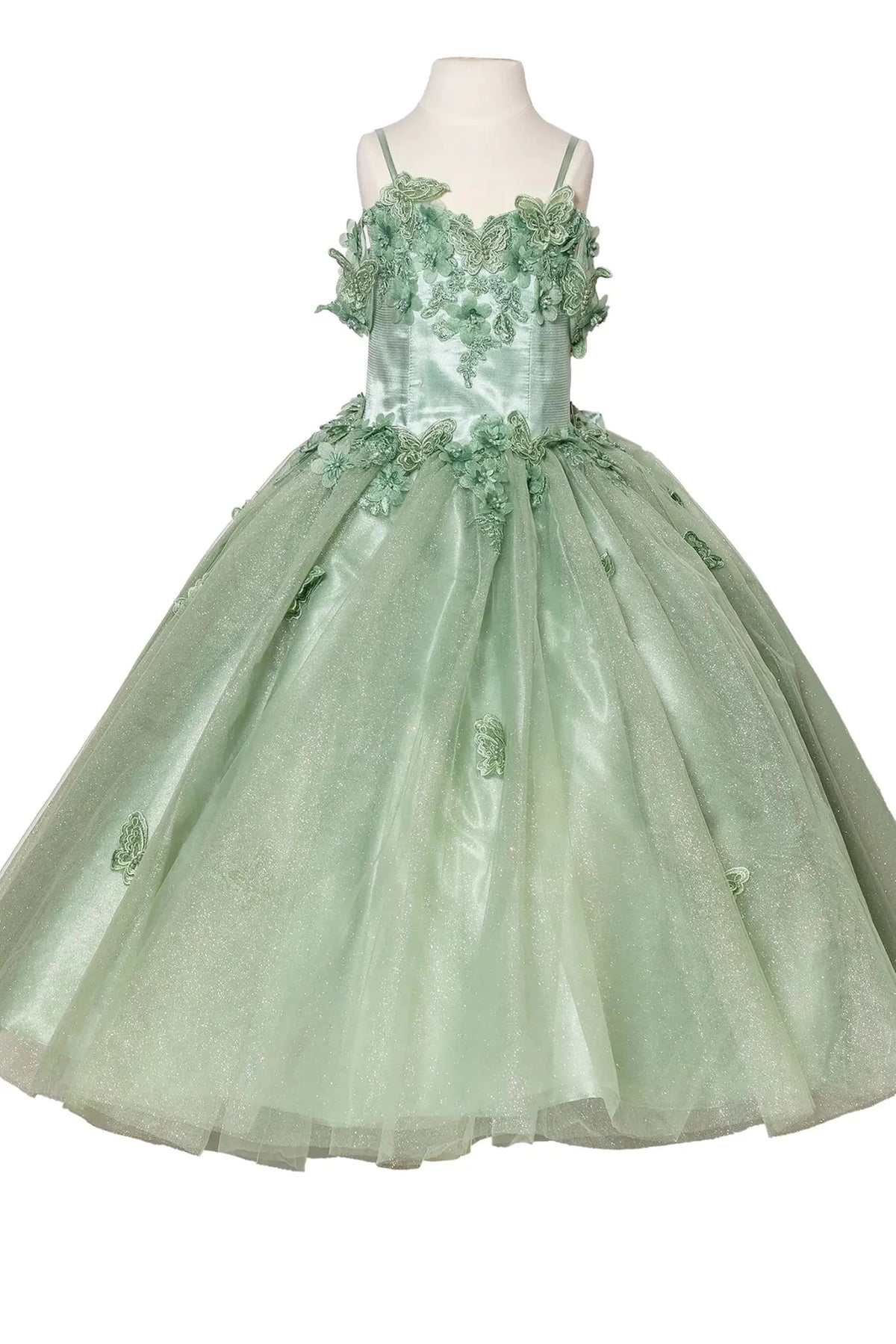 Sage kids mini quinceañera mini quince dress with lace-up bodice, floral appliqué detailing, and glitter tulle skirt.