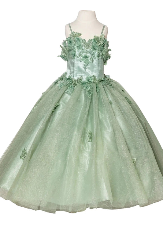 Sage kids mini quinceañera mini quince dress with lace-up bodice, floral appliqué detailing, and glitter tulle skirt.
