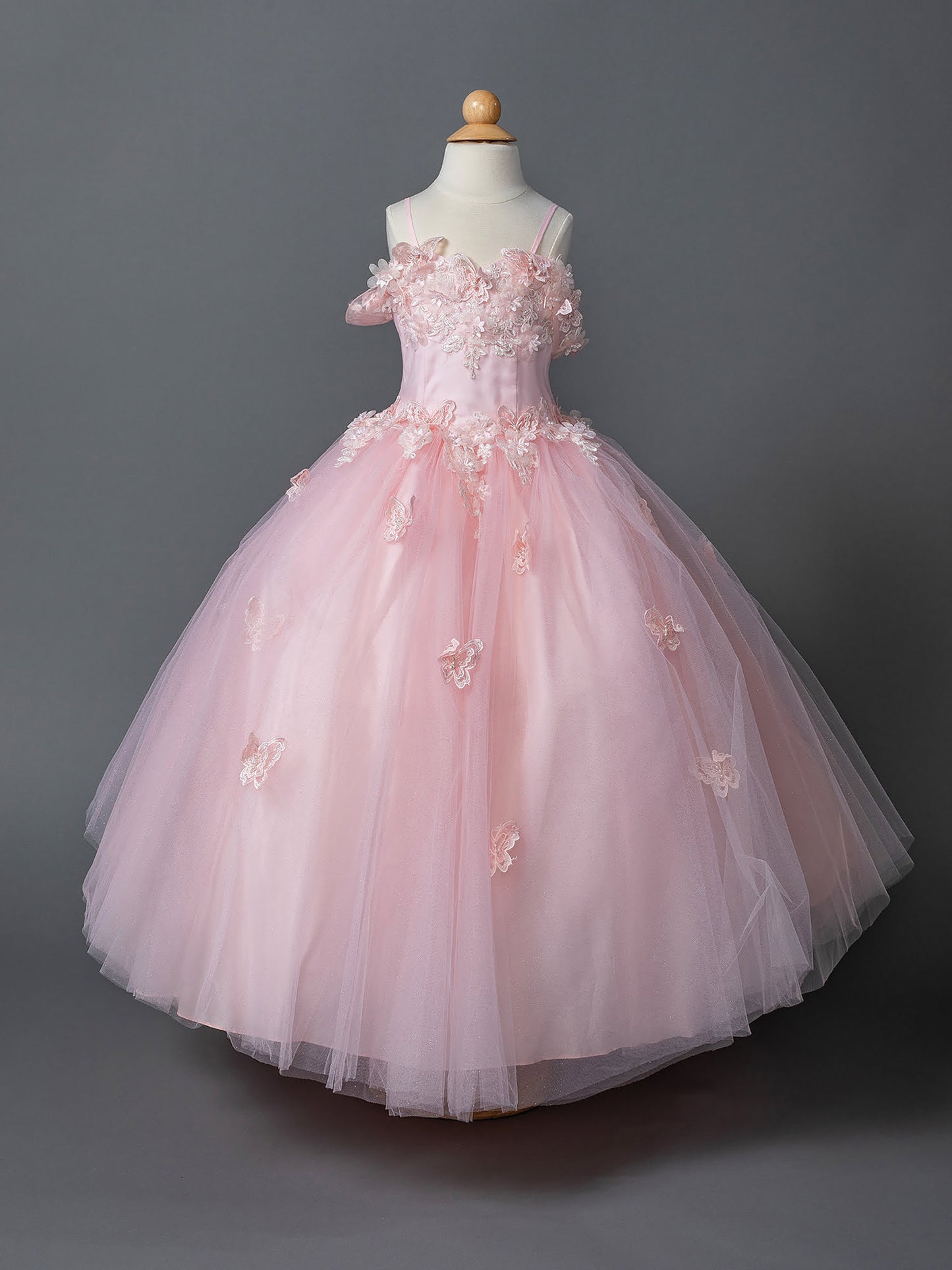 Blush Floral Appliqué Bodice with Sheer Overlay and Glitter Tulle Mini Quince 3-Anos Dress - front view