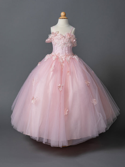 Blush Floral Appliqué Bodice with Sheer Overlay and Glitter Tulle Mini Quince 3-Anos Dress - front view