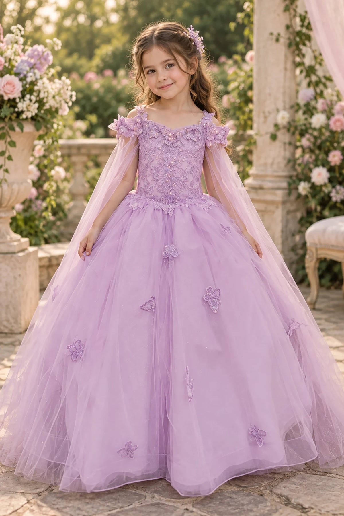 Detailed through the bodice, the Lilac mini quinceañera dress shows beaded floral bodice with flowing sheer shoulder drapes.