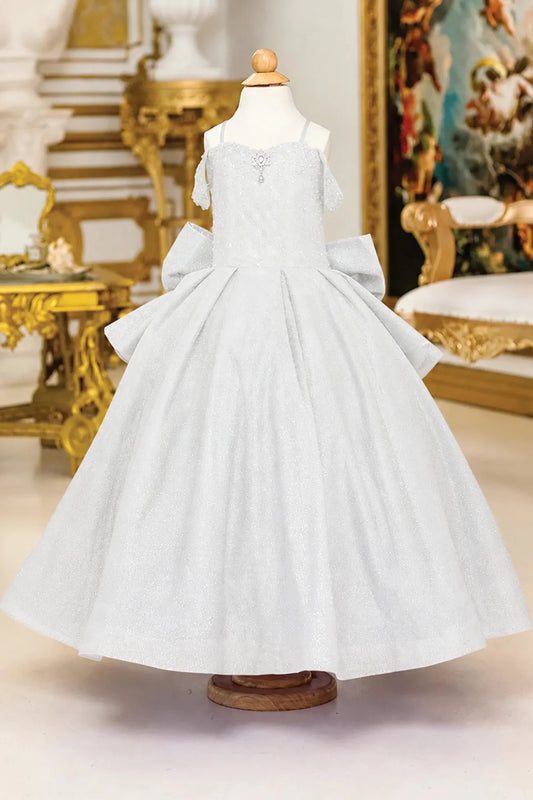 Glitter tulle forms the full skirt of this Off-White mini quinceañera gown beneath a fitted bodice with delicate straps.