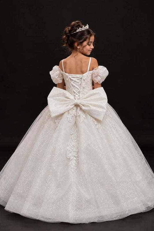 Finished with a large bow, the Off-White mini quinceañera ball gown shows its lace-up back.