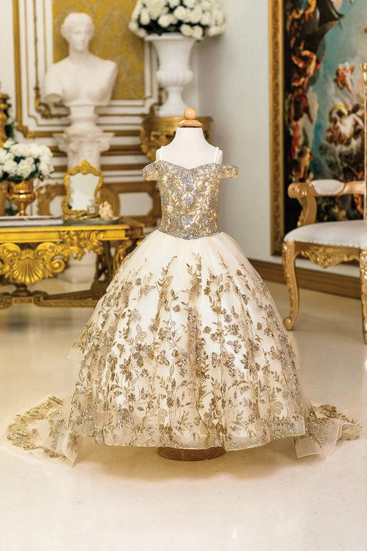 Detailed through the bodice, the Champagne mini quinceañera dress shows metallic floral embroidery over the fitted bodice and skirt.