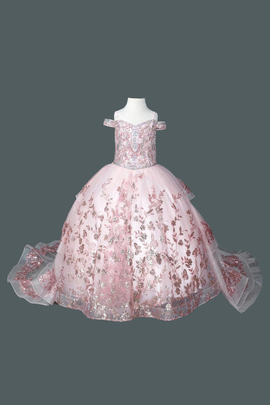 Across the front, the Rose Gold mini quinceañera dress shows metallic floral embroidery over the fitted bodice and skirt.