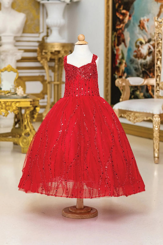 Framed by a full skirt, the Red mini quinceañera dress shows beading and vertical sequin trails across the full silhouette.