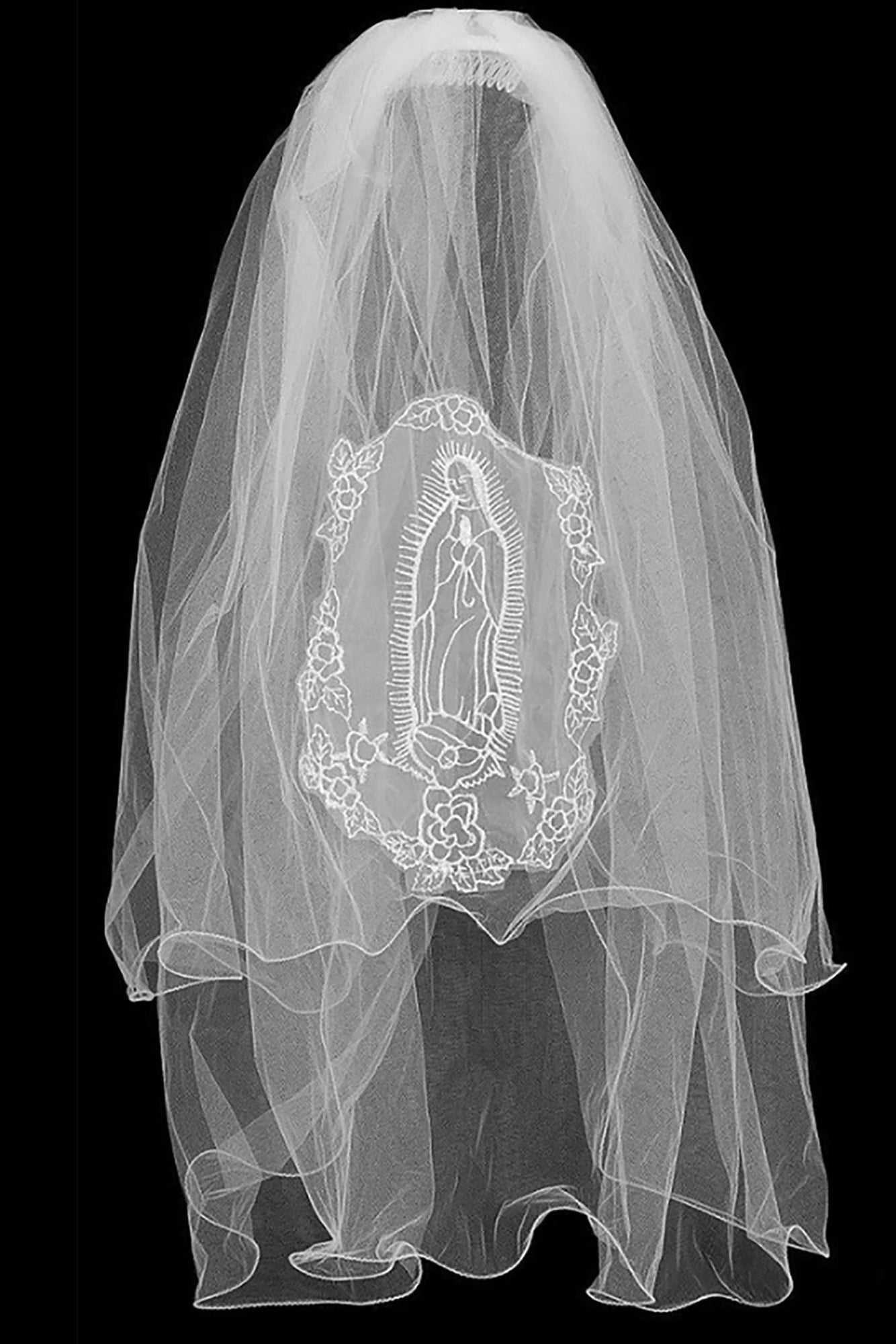 White Virgin Mary embroidered first communion veil.