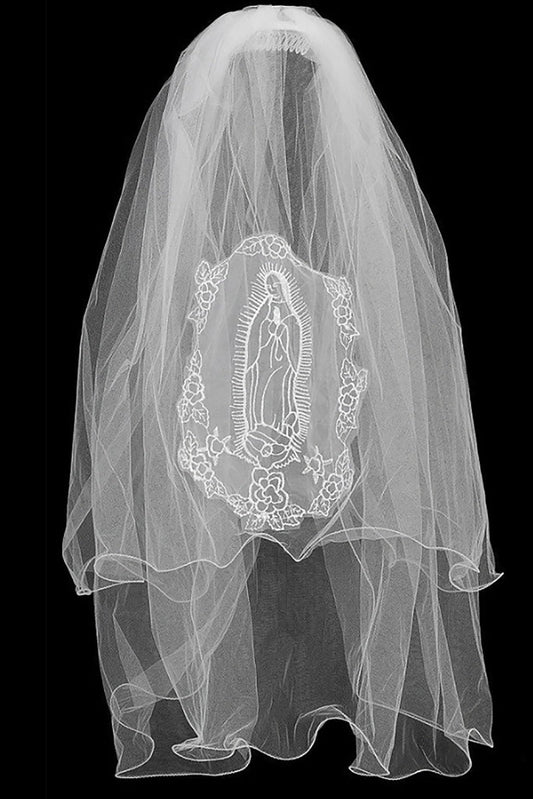 White Virgin Mary embroidered first communion veil.