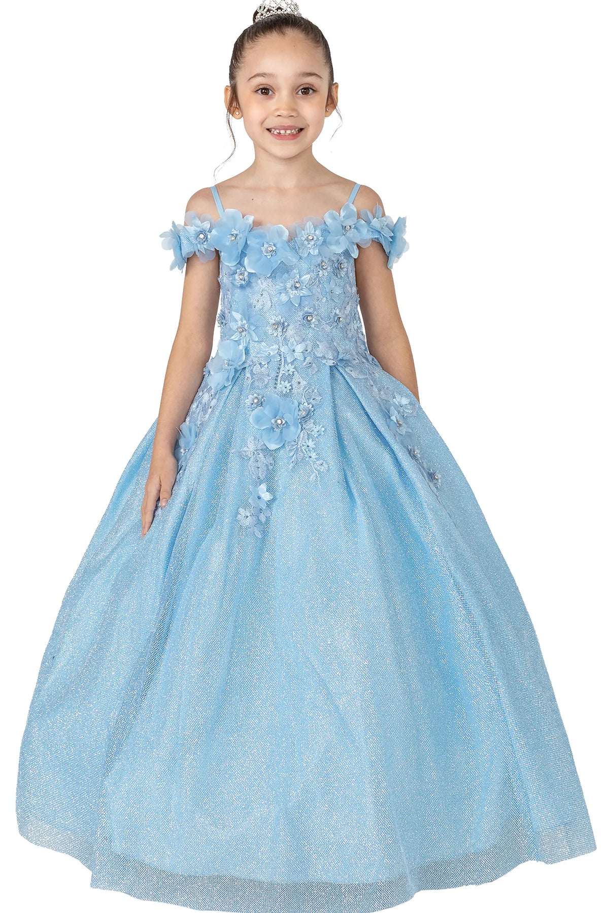 Across the front, the Bahama Blue mini quinceañera dress shows dimensional blossoms along the neckline and glittered skirt.