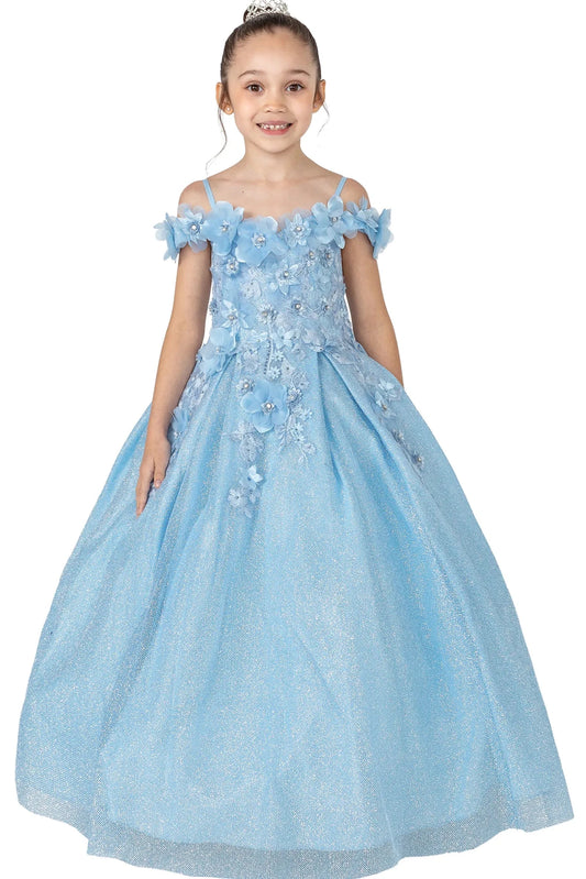 Across the front, the Bahama Blue mini quinceañera dress shows dimensional blossoms along the neckline and glittered skirt.