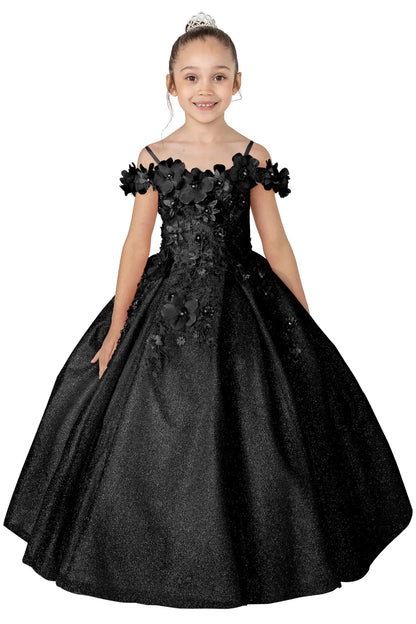 Young girl standing front-facing in black kids mini quinceañera dress with floral shoulder appliqués and glitter tulle layered skirt