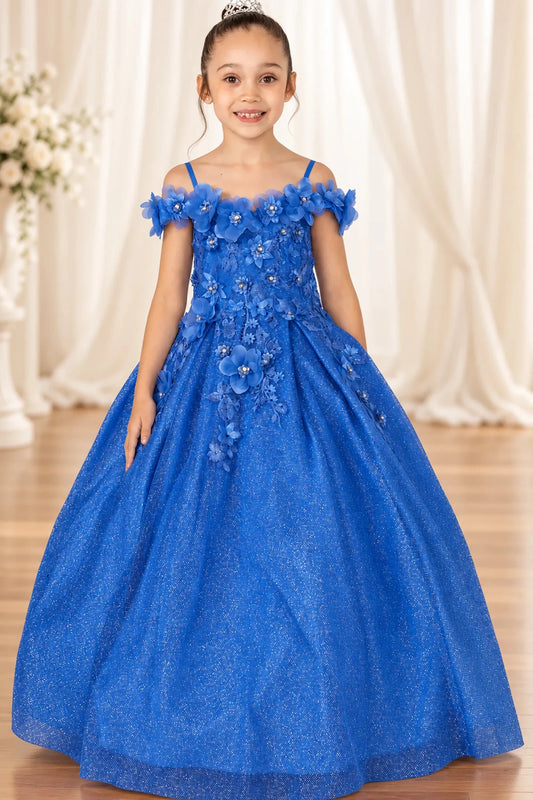Dimensional flowers frame the off-shoulder neckline and fitted bodice of this Royal Blue mini quinceañera gown.