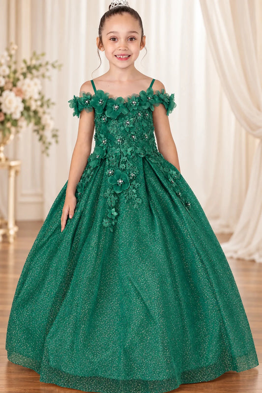Dimensional flowers frame the off-shoulder neckline and fitted bodice of this Hunter Green mini quinceañera gown.