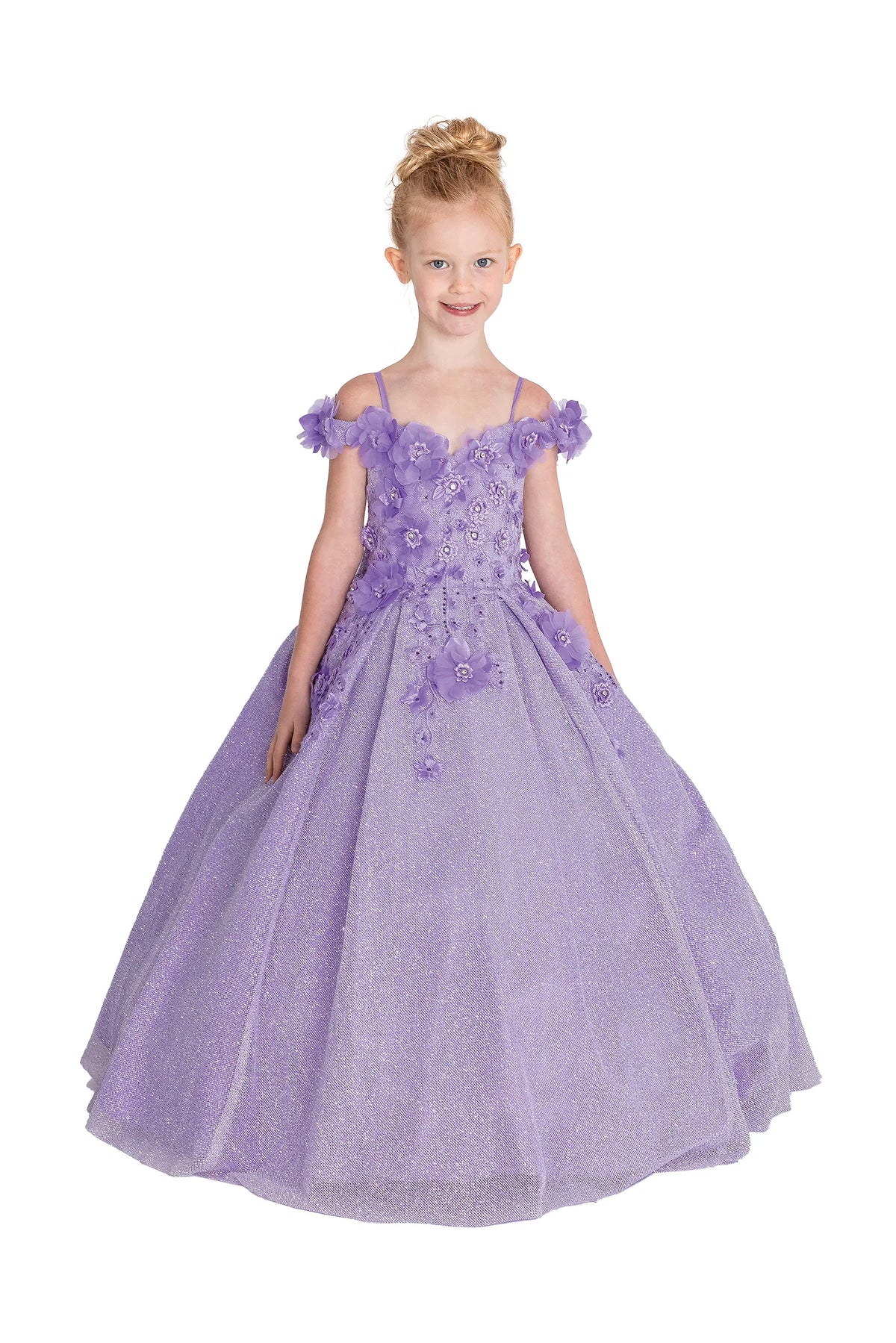 At first glance, the Lilac mini quinceañera dress shows dimensional blossoms along the neckline and glittered skirt.