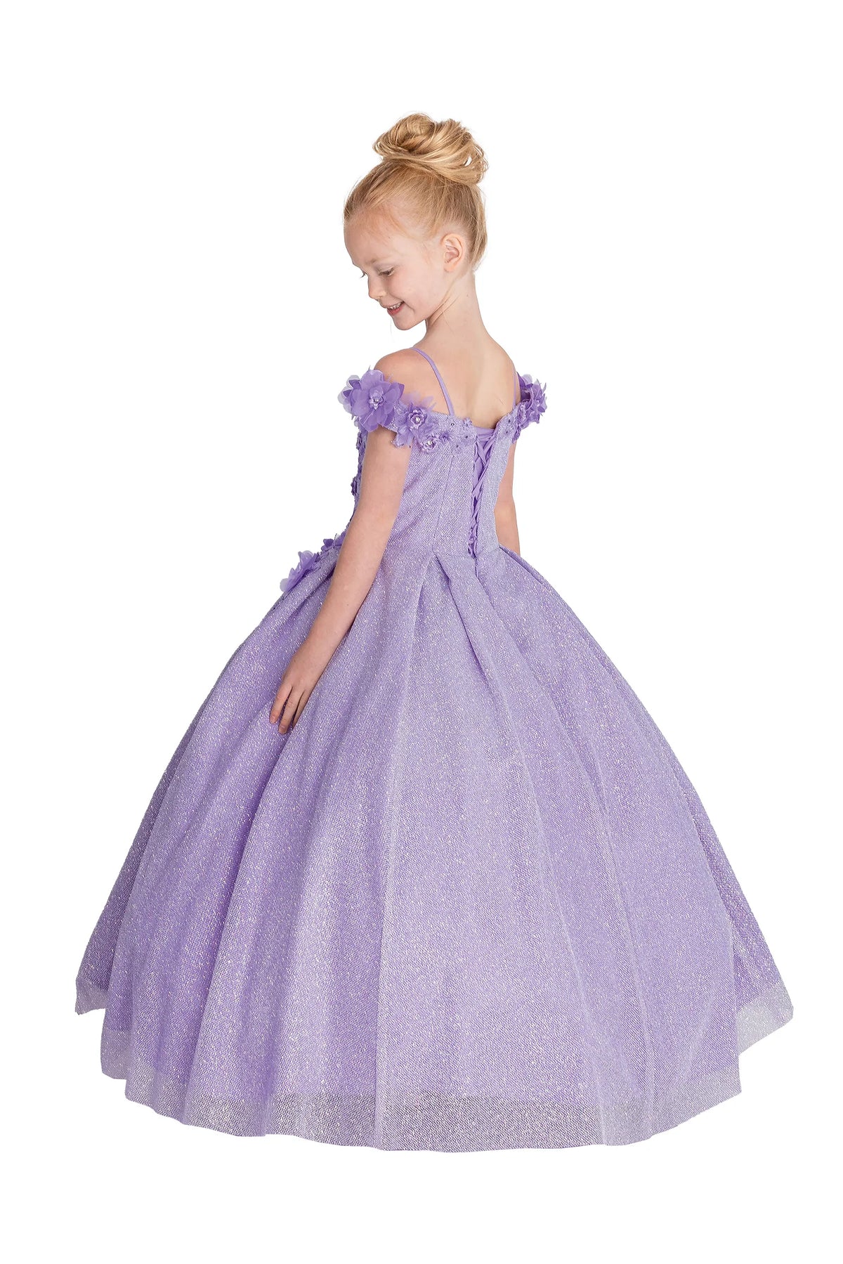 Along the rear bodice, the Lilac mini quinceañera dress features lace-up back framed by floral shoulder appliqués.