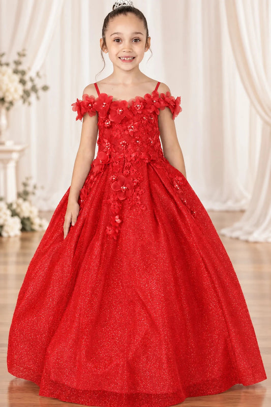 Dimensional flowers frame the off-shoulder neckline and fitted bodice of this Red mini quinceañera gown.