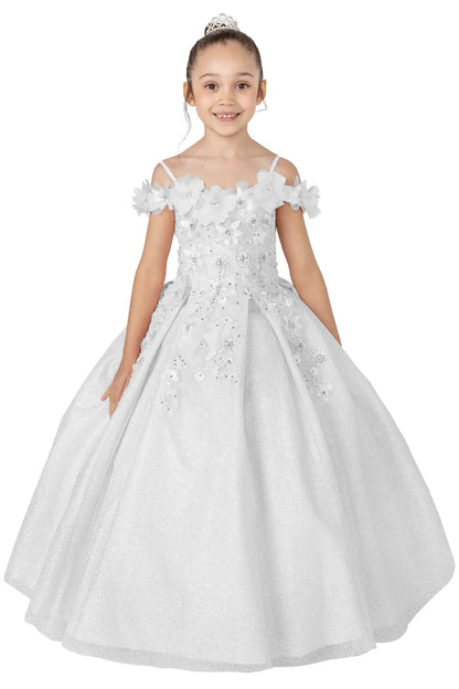 Young girl standing front-facing in white kids mini quinceañera dress with floral shoulder appliqués and glitter tulle layered skirt
