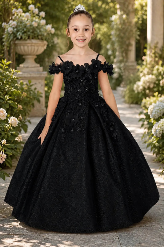 Black kids mini quinceañera mini quince dress with floral shoulder appliqués and glitter tulle layered skirt.