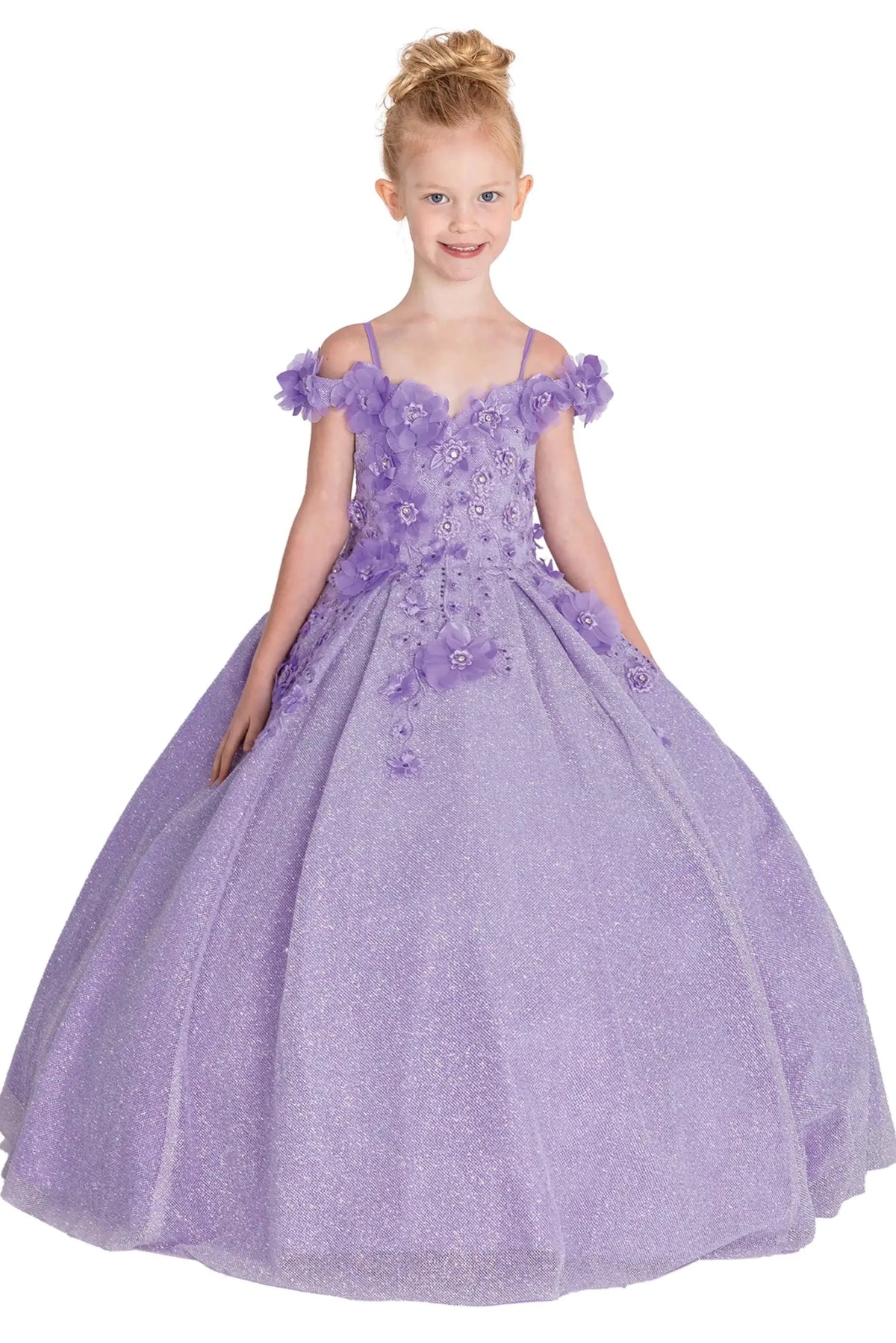Front view of lilac kids mini quinceañera mini quince dress with floral shoulder appliqués and glitter tulle layered skirt.