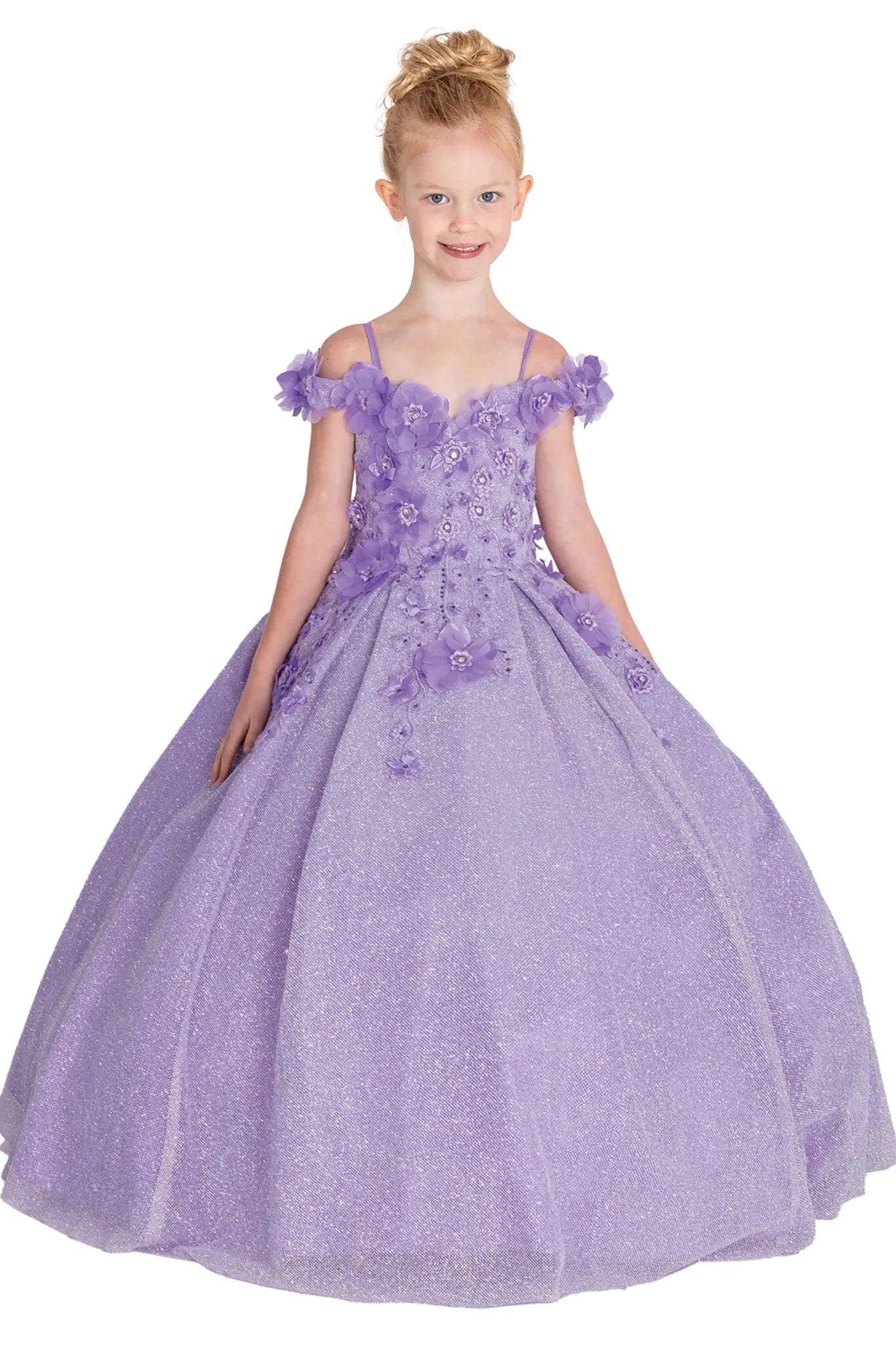 Front view of lilac kids mini quinceañera mini quince dress with floral shoulder appliqués and glitter tulle layered skirt.