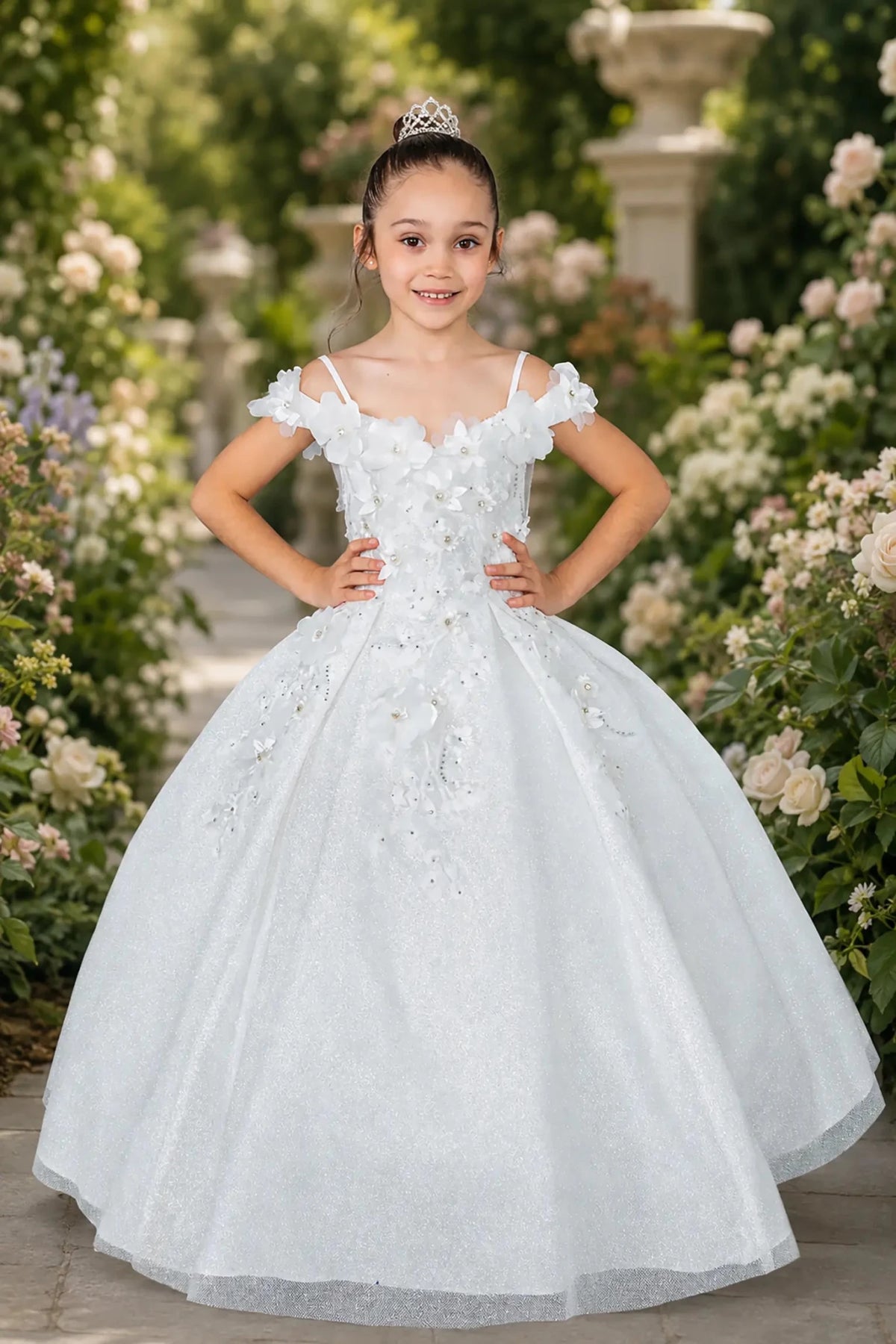 White mini quinceañera mini quince dress with floral shoulder appliqués and glitter tulle layered skirt.