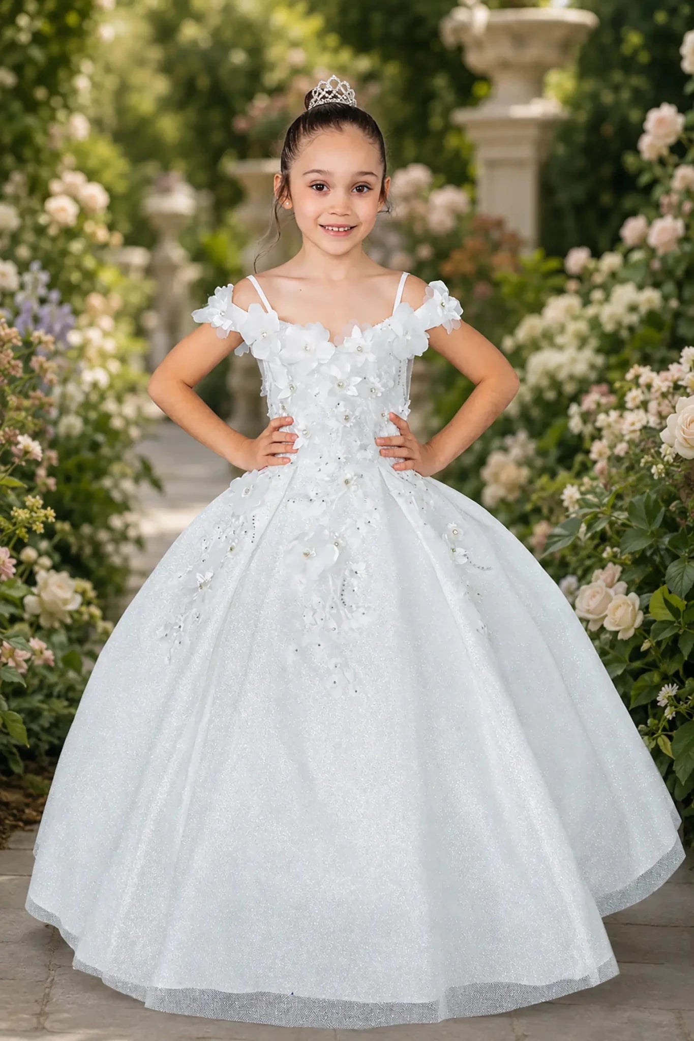 White mini quinceañera mini quince dress with floral shoulder appliqués and glitter tulle layered skirt.