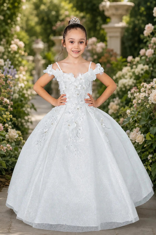 White mini quinceañera mini quince dress with floral shoulder appliqués and glitter tulle layered skirt.