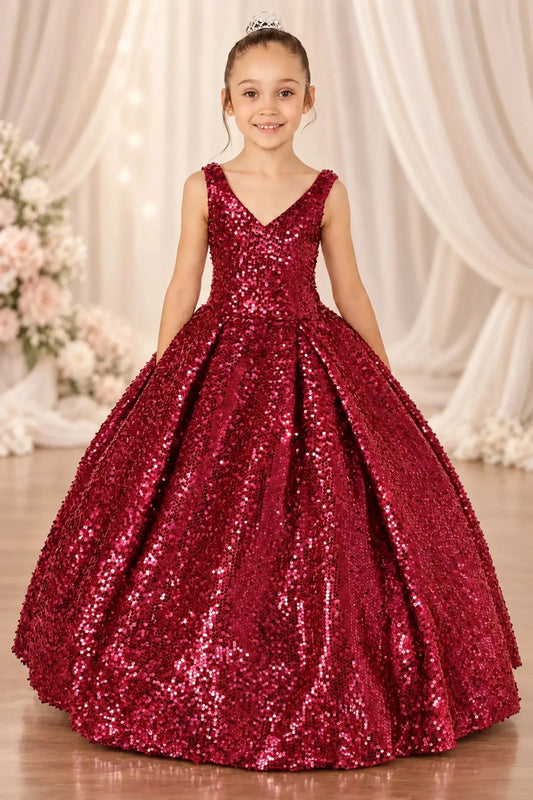 Allover sequins brighten the sleeveless V-neck bodice and full gathered skirt of this Burgundy mini quinceañera gown.