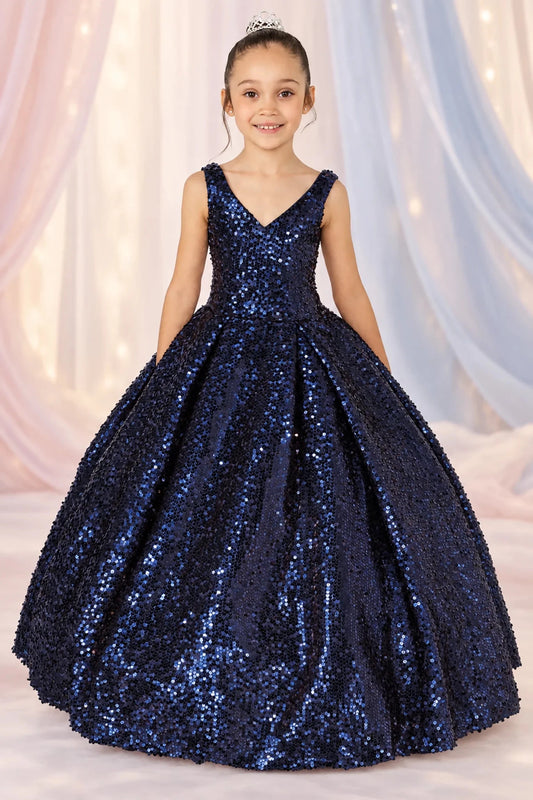 Allover sequins brighten the sleeveless V-neck bodice and full gathered skirt of this Navy mini quinceañera gown.