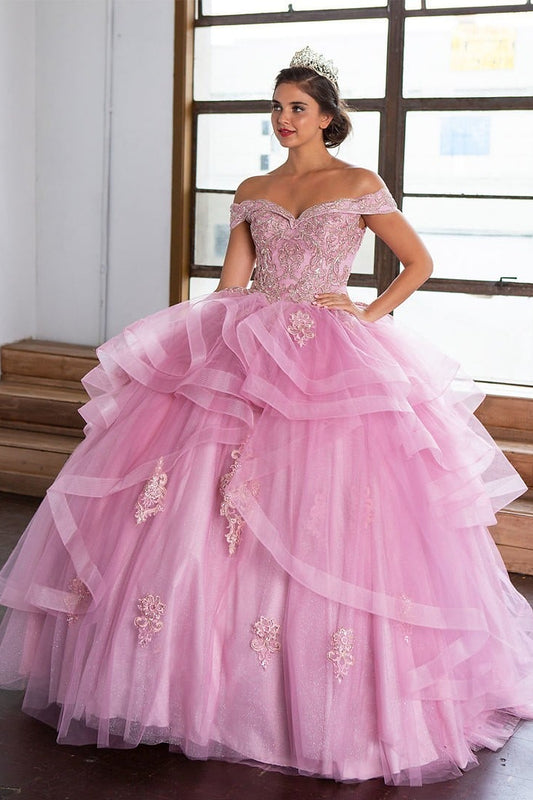 Mauve Rose quinceañera ball gown with an embroidered off-shoulder bodice and tiered ruffle skirt.
