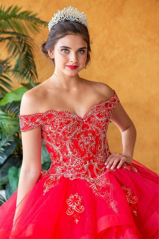 A sweetheart-shaped bodice carries ornate embroidery in this close-up of the Red quinceañera ball gown.