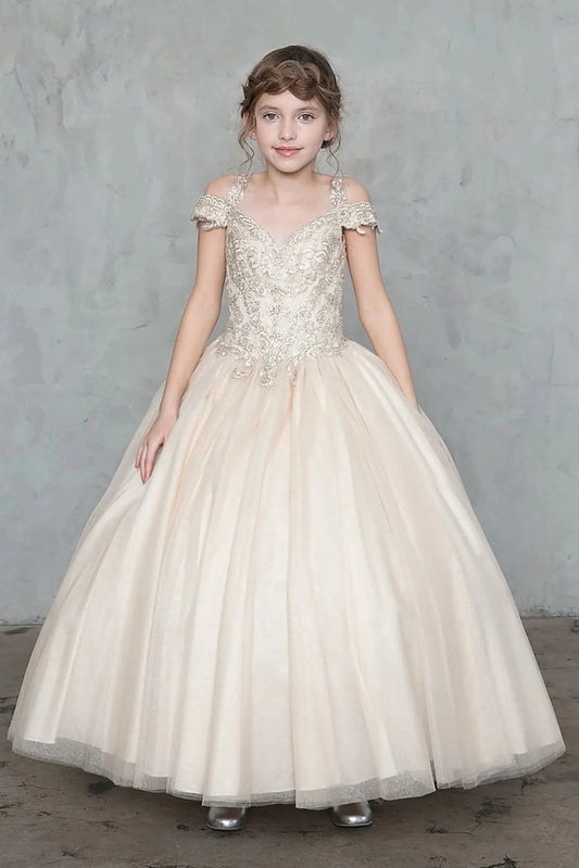 Across the silhouette, the Champagne mini quince dress showcases sparkling embroidered off-the-shoulder bodice and shimmering full tulle ball gown skirt.
