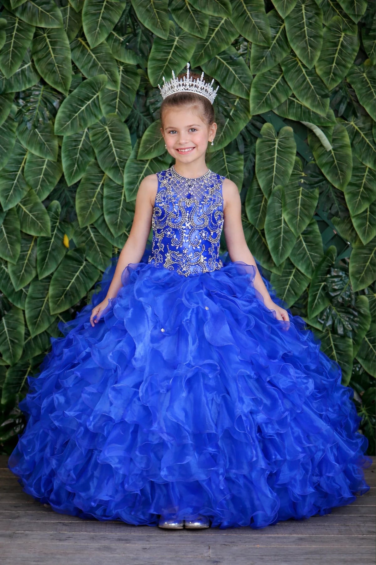 Sparkling details shape, the Royal Blue mini quince dress showcases sparkling stone-embellished bodice and playful tiered organza ruffle skirt.