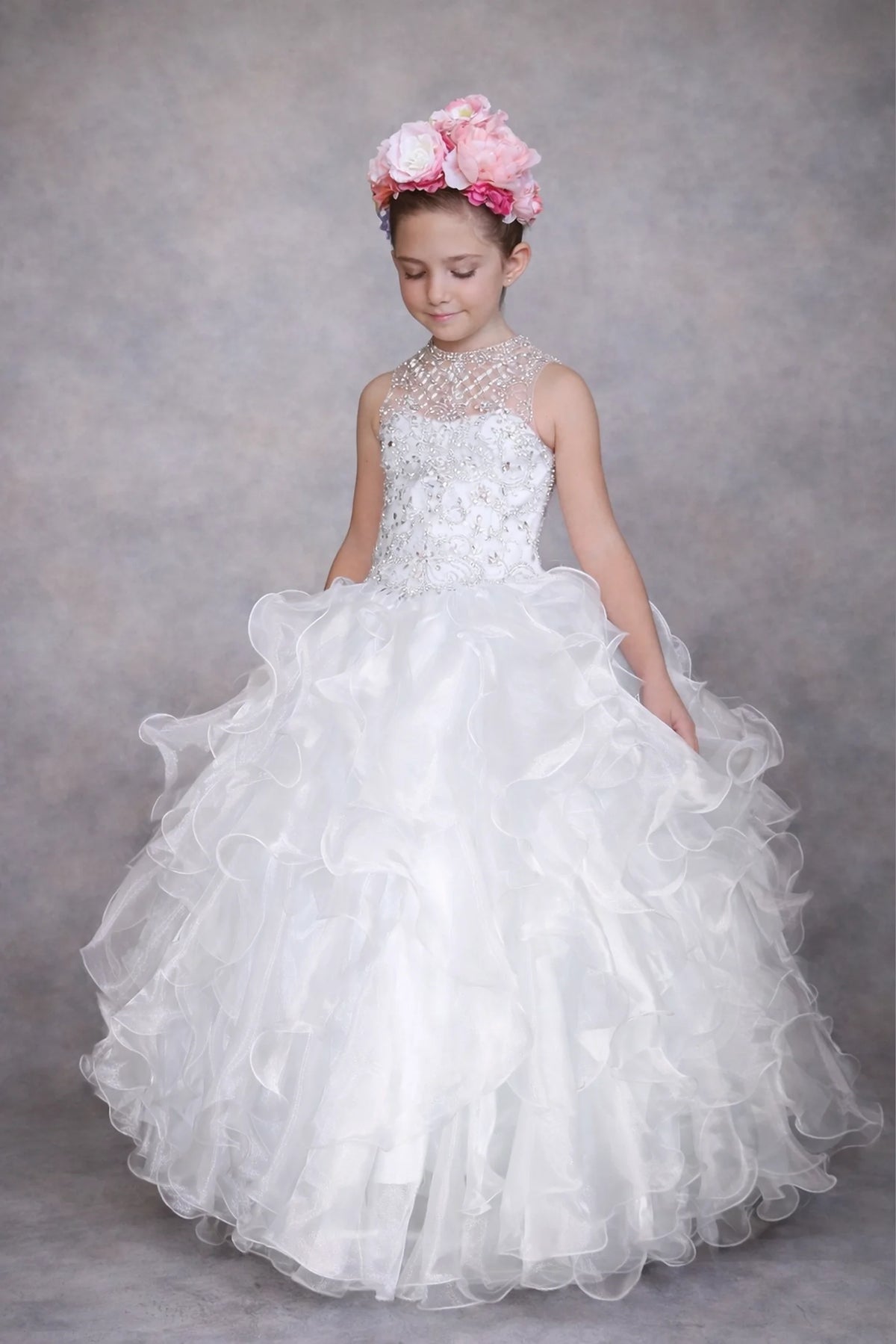 Delicate accents highlight, the White mini quince dress showcases sparkling stone-embellished bodice and playful tiered organza ruffle skirt.