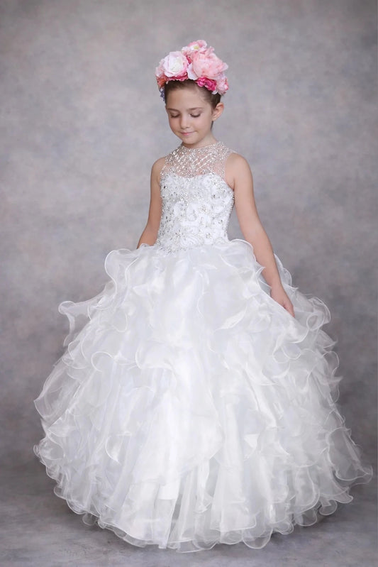 Delicate accents highlight, the White mini quince dress showcases sparkling stone-embellished bodice and playful tiered organza ruffle skirt.