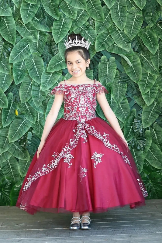 The formal silhouette presents, the Burgundy mini quince dress showcases off-the-shoulder embroidered bodice and delicately embroidered tulle skirt.