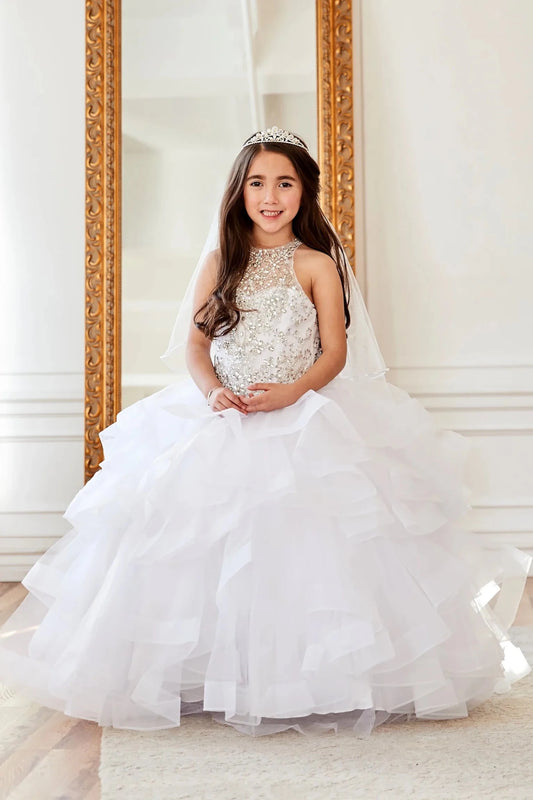 Delicate accents highlight, the White mini quince dress showcases jeweled sleeveless bodice and dimensional tiered ruffle skirt.