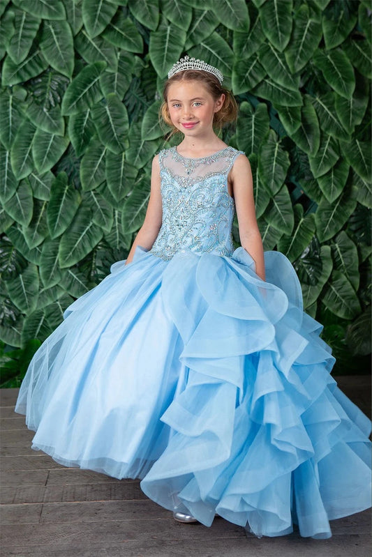 Seen at full length, the Bahama Blue mini quince dress showcases crystal-embellished sleeveless bodice and cascading layered ruffle skirt.