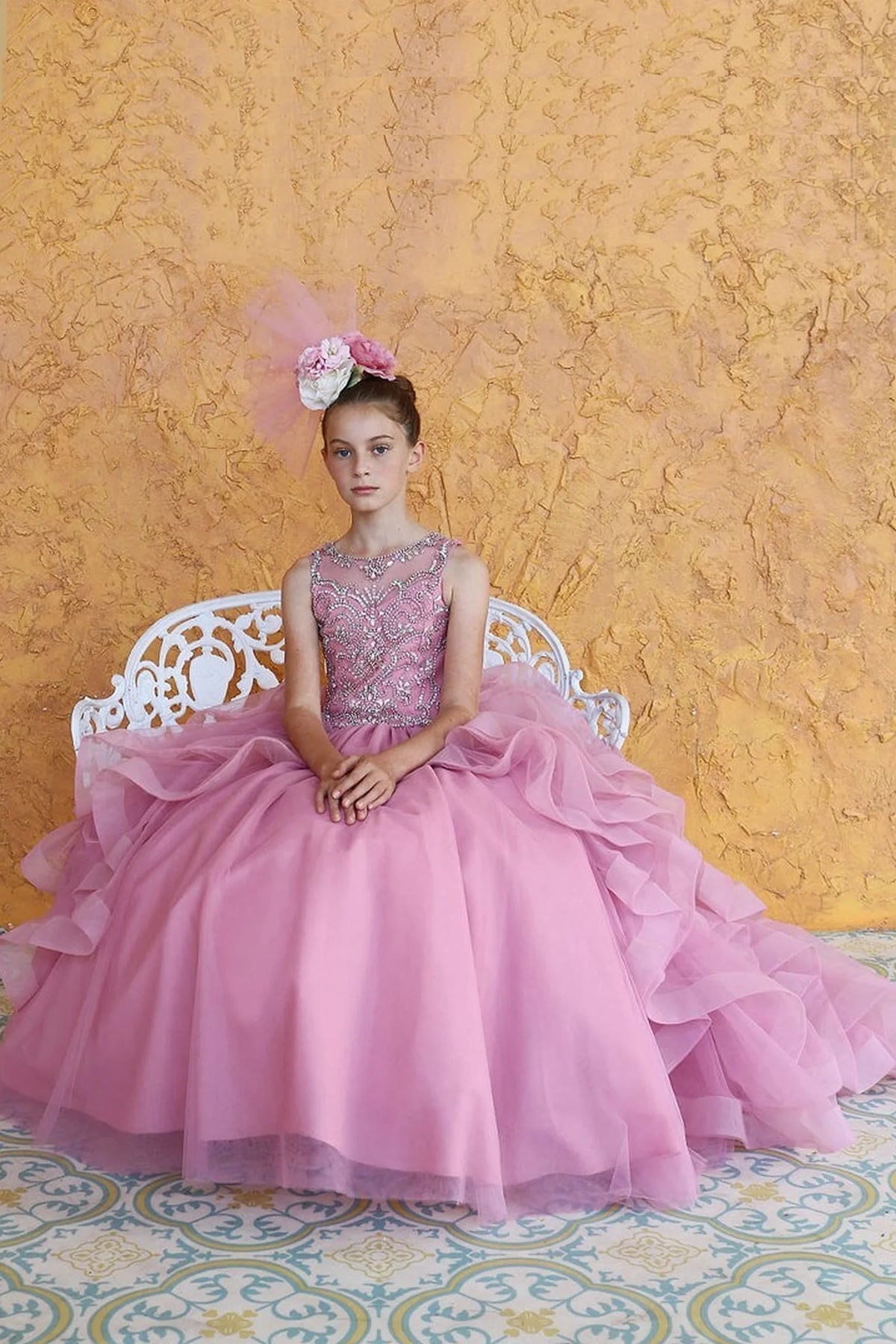 Another full view presents cascading layered ruffle skirt on the Dusty Pink mini quince dress.