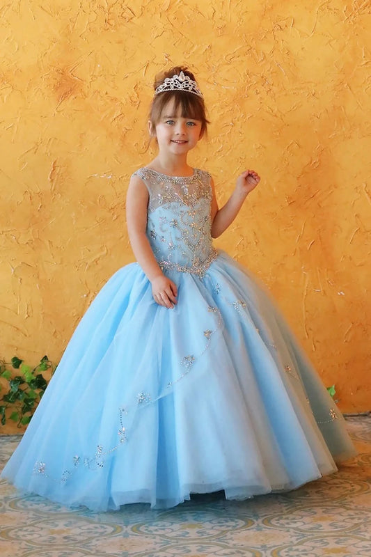 Sparkling details shape, the Bahama Blue mini quince dress showcases floral embroidered fitted bodice and full tulle ball gown skirt with appliqué accents.