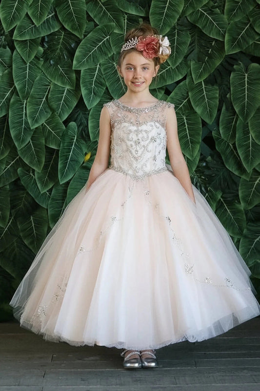 A closer look shows, the Champagne mini quince dress showcases floral embroidered fitted bodice and full tulle ball gown skirt with appliqué accents.
