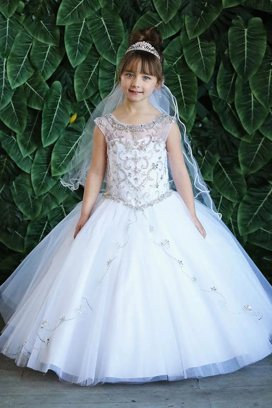 In full view, the White mini quince dress showcases floral embroidered fitted bodice and full tulle ball gown skirt with appliqué accents.