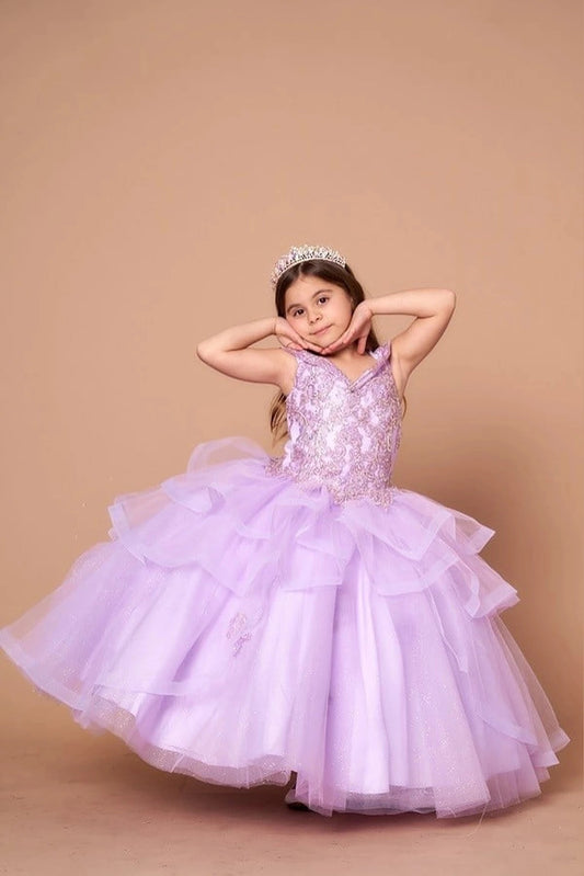 Rich texture defines, the Lilac mini quince dress showcases sparkling jeweled fitted bodice and layered formal skirt with dimensional tiers.