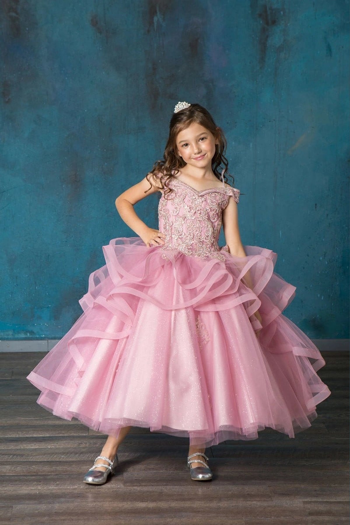 Sparkling details shape, the Mauve Rose mini quince dress showcases sparkling jeweled fitted bodice and layered formal skirt with dimensional tiers.