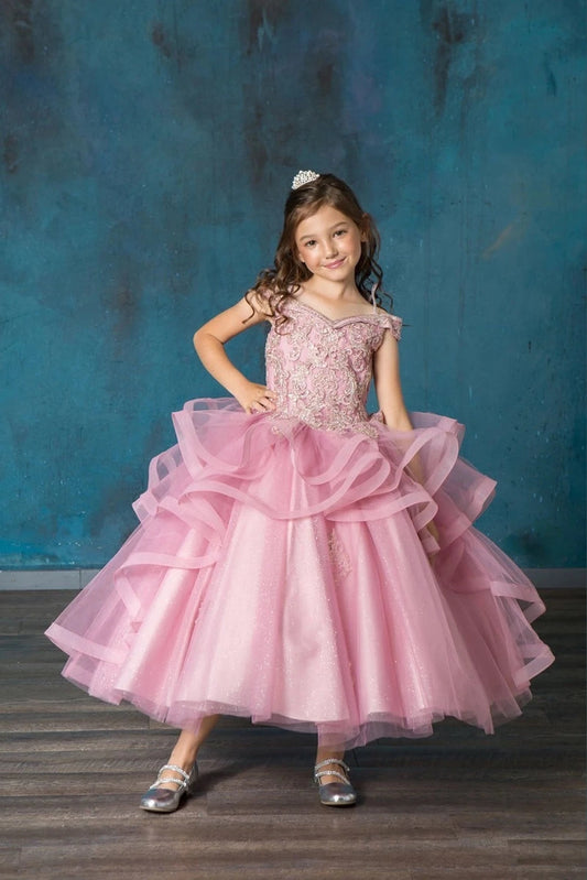 Sparkling details shape, the Mauve Rose mini quince dress showcases sparkling jeweled fitted bodice and layered formal skirt with dimensional tiers.