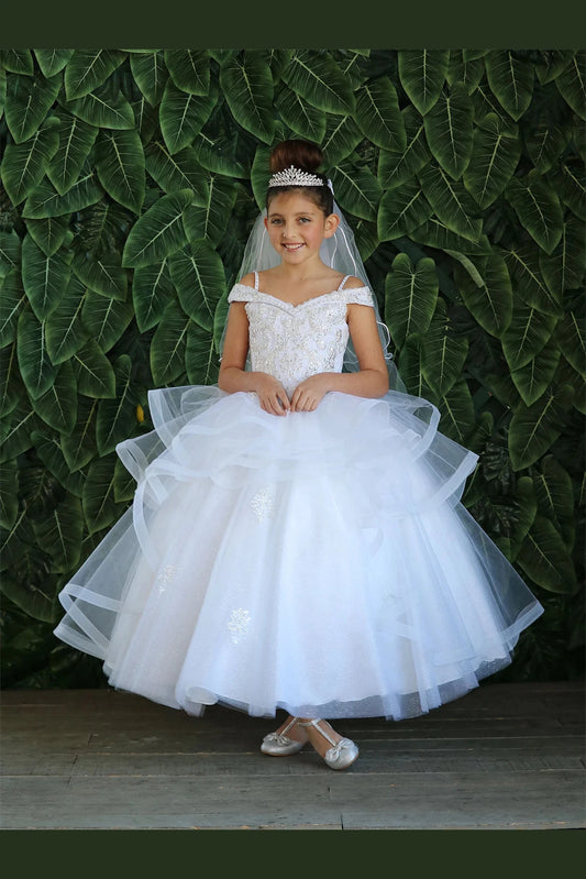 In full view, the White mini quince dress showcases sparkling jeweled fitted bodice and layered formal skirt with dimensional tiers.