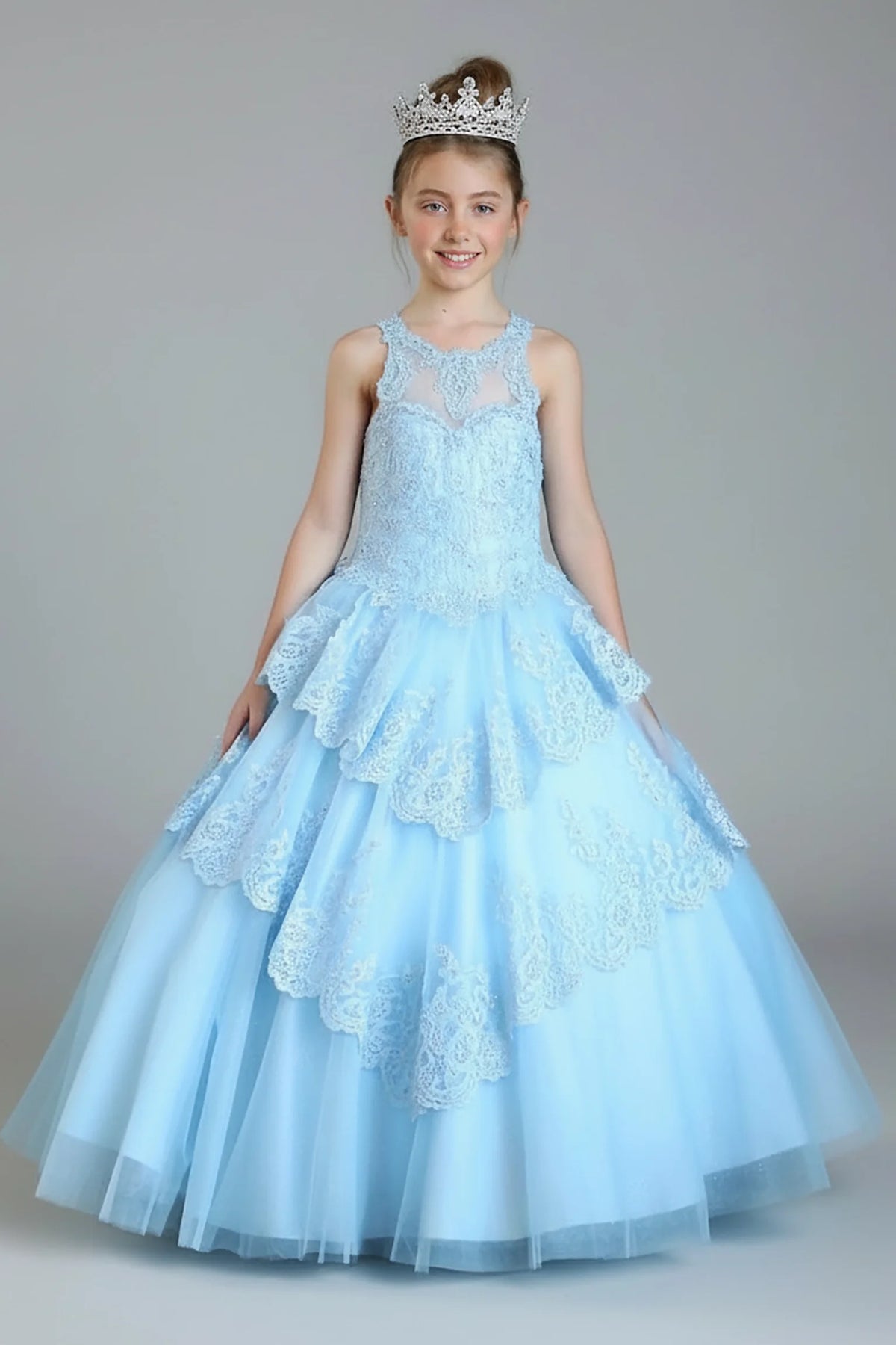 The additional image shows full layered tulle skirt with ruffle tiers on the Bahama Blue mini quince dress.