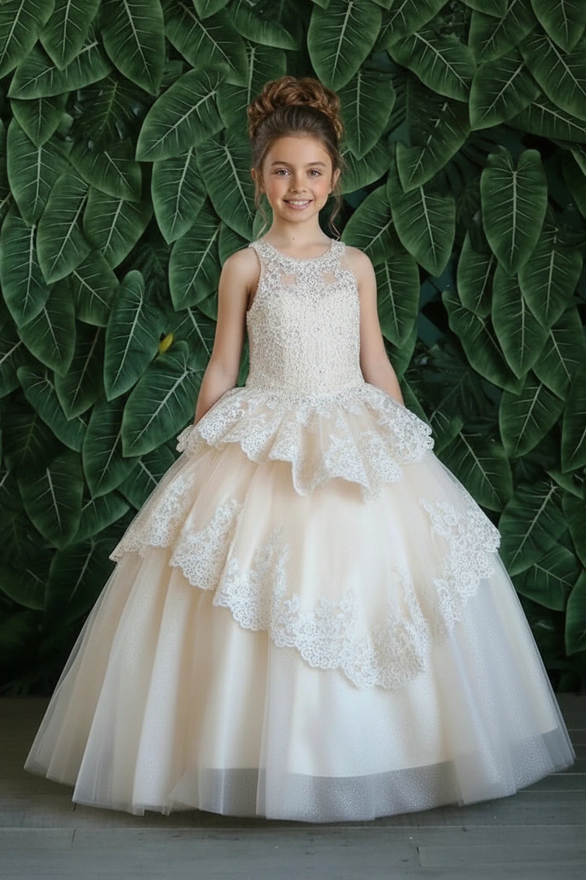 The additional image shows full layered tulle skirt with ruffle tiers on the Champagne mini quince dress.